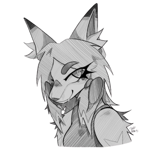 a sketched bust-up portrait of my fursona, lycosa, a wolf with spider features and long hair.